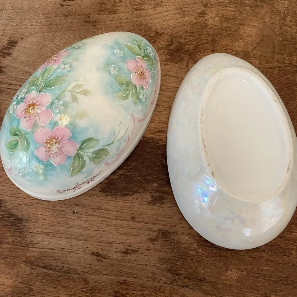 Vintage Porcelain Egg Trinket Box Hand Painted Floral Cottagecore Dresser Decor